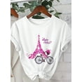 thumbnail image 1 of Flower, Eiffel Tower & Bicycle Printed Women's Casual Round Neck Short Sleeve T-Shirt Bonjour Paris Graphic Tees Women Tops, 1 of 3