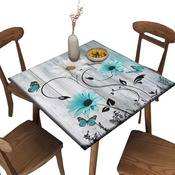 Flower Elastic Fitted Tablecloth, Wood Butterfly Daisy Rustic Blue Floral Wipeable Square Table Cover, for Indoor Holiday Family Banquet and Outdoor Patio Use, Fits to 36 x 36 in Table