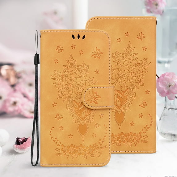 Flower Embossed PU Leather Flip Wallet Case for Samsung Galaxy A13 5G, Card Holder Kickstand Wirst Strap Protective Case Protection Cover For Samsung Galaxy A13 5G,Yellow