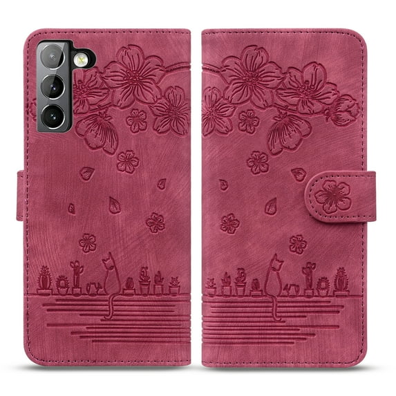 Flower Embossed Wallet Case for Samsung Galaxy S21, PU leather Flip Folio Wallet Cover with Magnetic Closure Built-in Kickstand and Card Slots Protective Case for Samsung Galaxy S21(6.2 inch),Red