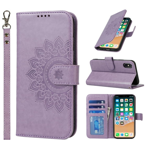 Flower Embossed Wallet Case for iPhone XS Max, Durable PU Leather Flip Folio Case with Card Slots Magnetic Closure Kickstand and Wrist Strap Shockproof Purse Cover for iPhone XS Max(6.5 inch),Purple