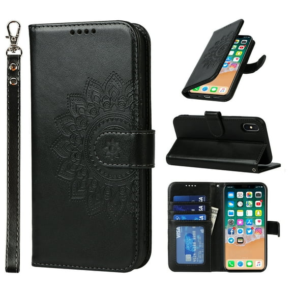 Flower Embossed Wallet Case for iPhone XS Max, Durable PU Leather Flip Folio Case with Card Slots Magnetic Closure Kickstand and Wrist Strap Shockproof Purse Cover for iPhone XS Max(6.5 inch),Black