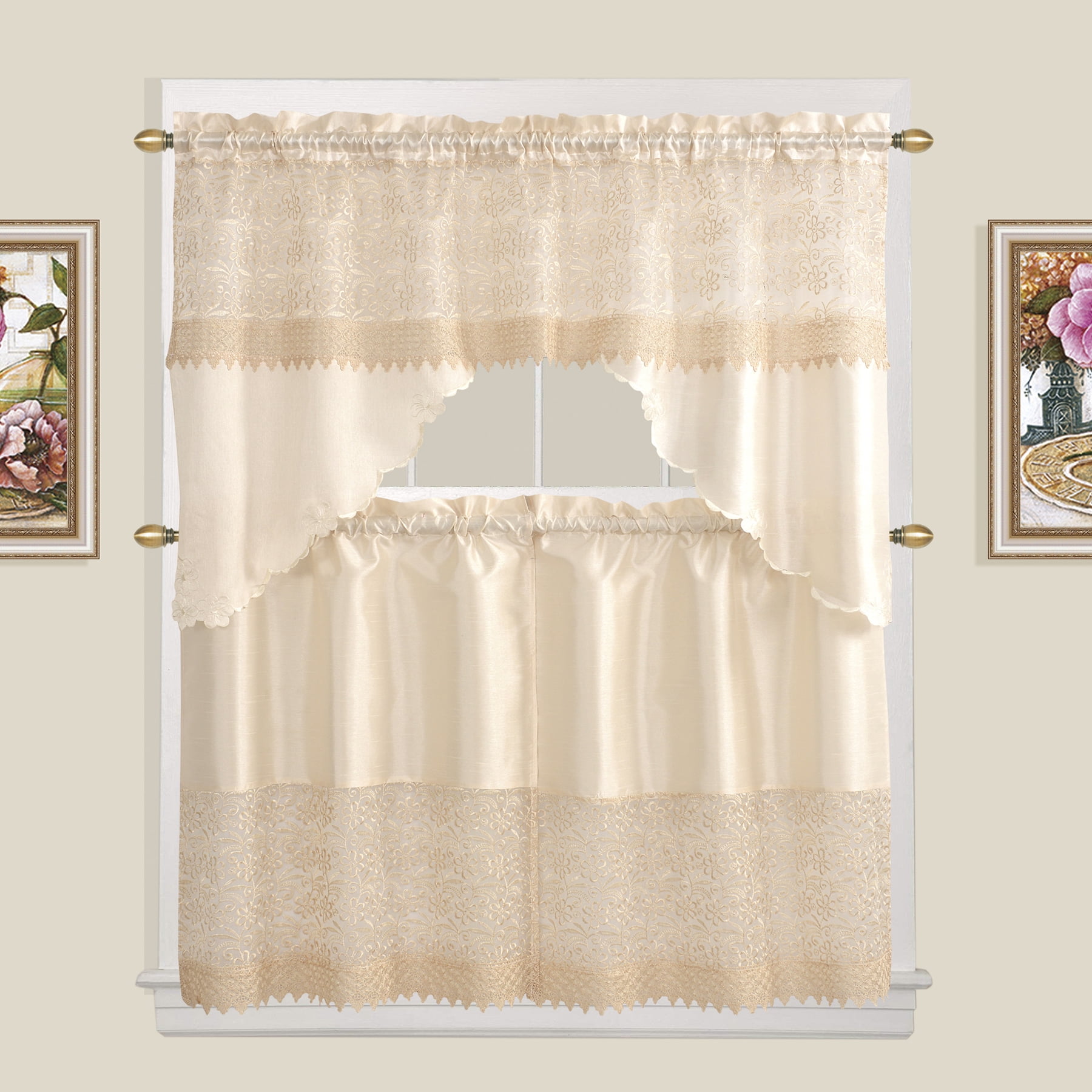 Flower Embroidered 3-Piece Kitchen Curtain Tiers & Swag Set, Beige color, 58x36 & 28x36 inches for daily life and holiday