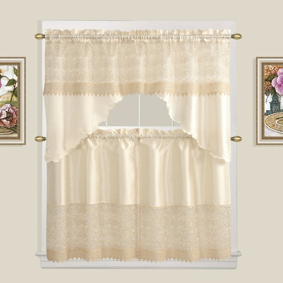 Flower Embroidered 3-Piece Kitchen Curtain Tiers & Swag Set, Beige color, 58x36 & 28x36 inches for daily life and holiday