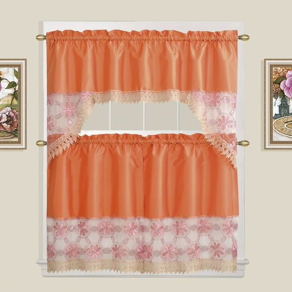 Flower Embroidered 3-Piece Kitchen Curtain Tiers & Swag Set, Orange color, 58x36 & 28x36 inches for daily life and holiday