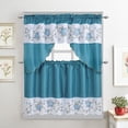 thumbnail image 1 of Flower Embroidered 3-Piece Kitchen Curtain Tiers & Swag Set, Turqoise color, 58x36 & 28x36 inches for daily life and holiday, 1 of 3