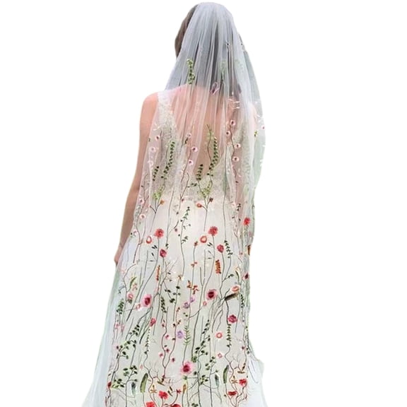 Flower-Embroidered 57inch Bridal Veil with Comb Tulle Wedding Headpiece for Photography & Formal