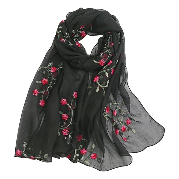 Flower Embroidered Chiffon Scarf, Lightweight Summer Beach Wrap, Large Thin Shawl for Women, Boho Scarf for Neck, Shoulder, Sun Protection, and Daily Style - Black