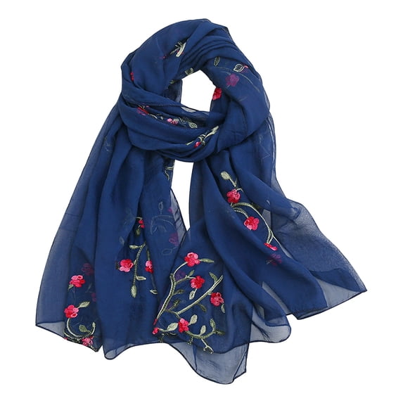 Flower Embroidered Chiffon Scarf, Lightweight Summer Beach Wrap, Large Thin Shawl for Women, Boho Scarf for Neck, Shoulder, Sun Protection, and Daily Style - Navy
