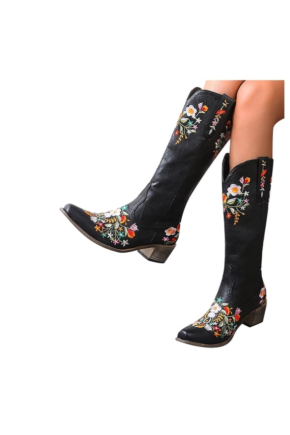 Flower Embroidered Knee High Cowboy Cowgirl Boots for Women 2025 Winter Fall Floral Wide Calf Dress Tall Boots Black Size 6