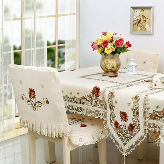 Flower Embroidered Lace Cream Tablecloth Luxury Cutwork Table Cloths Cover Rectangular