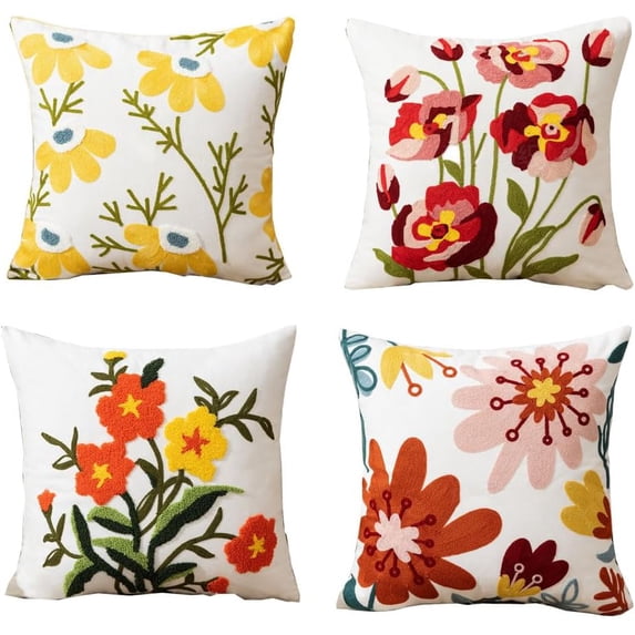 Flower Embroidered Pillow Covers Farmhouse Throw Pillow Cover Garden Cushion Case for Home Decor Couch Throw Pillows 18x18inch Set of 4
