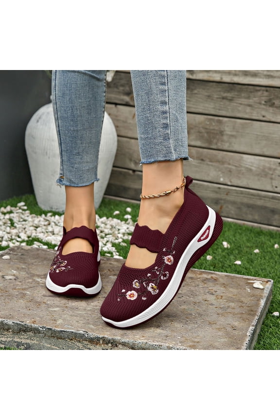 Flower Embroidered Slip On Knitting Flat Loafers for Women,Mary Jane Breathable Elastic Mesh Comfy Platform Non SlipMom Walking Nurse Shoes Casual Walking Sneakers