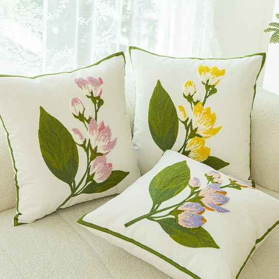 Flower Embroidered Throw Pillow Covers, Farmhouse Decorative Square Floral Accent Cushion Covers, Lumbar Pillow for Sofa Living Room Bedroom Home Decor Art 18 x 18 Inch