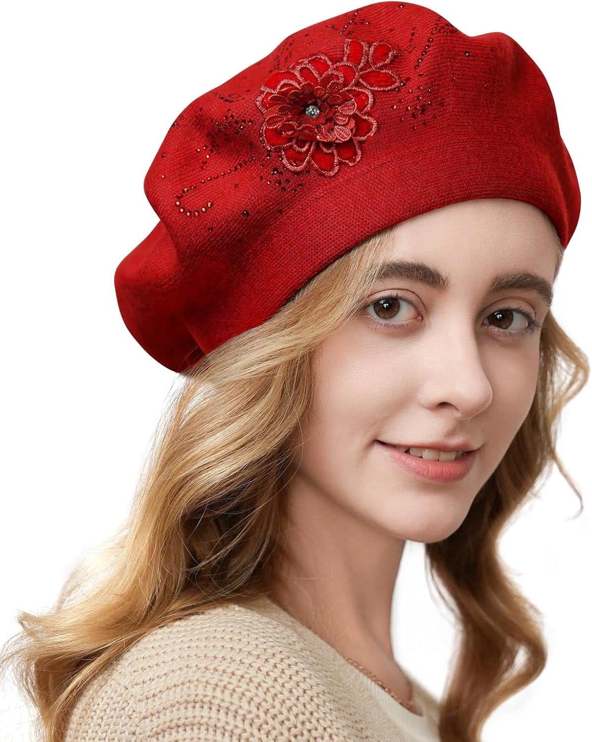 Flower Embroidery Beret Hat for Women French Style Knitted  display picture 1