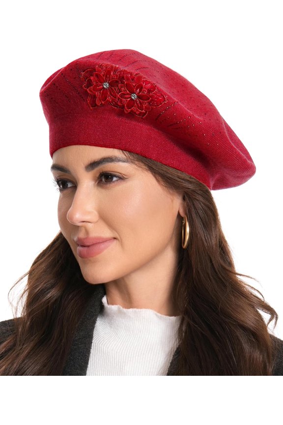 Flower Embroidery Beret Hat for Women, French Style Knitted Beret Hats, Stylish Solid Color Beret Cap for Women Girls Lady