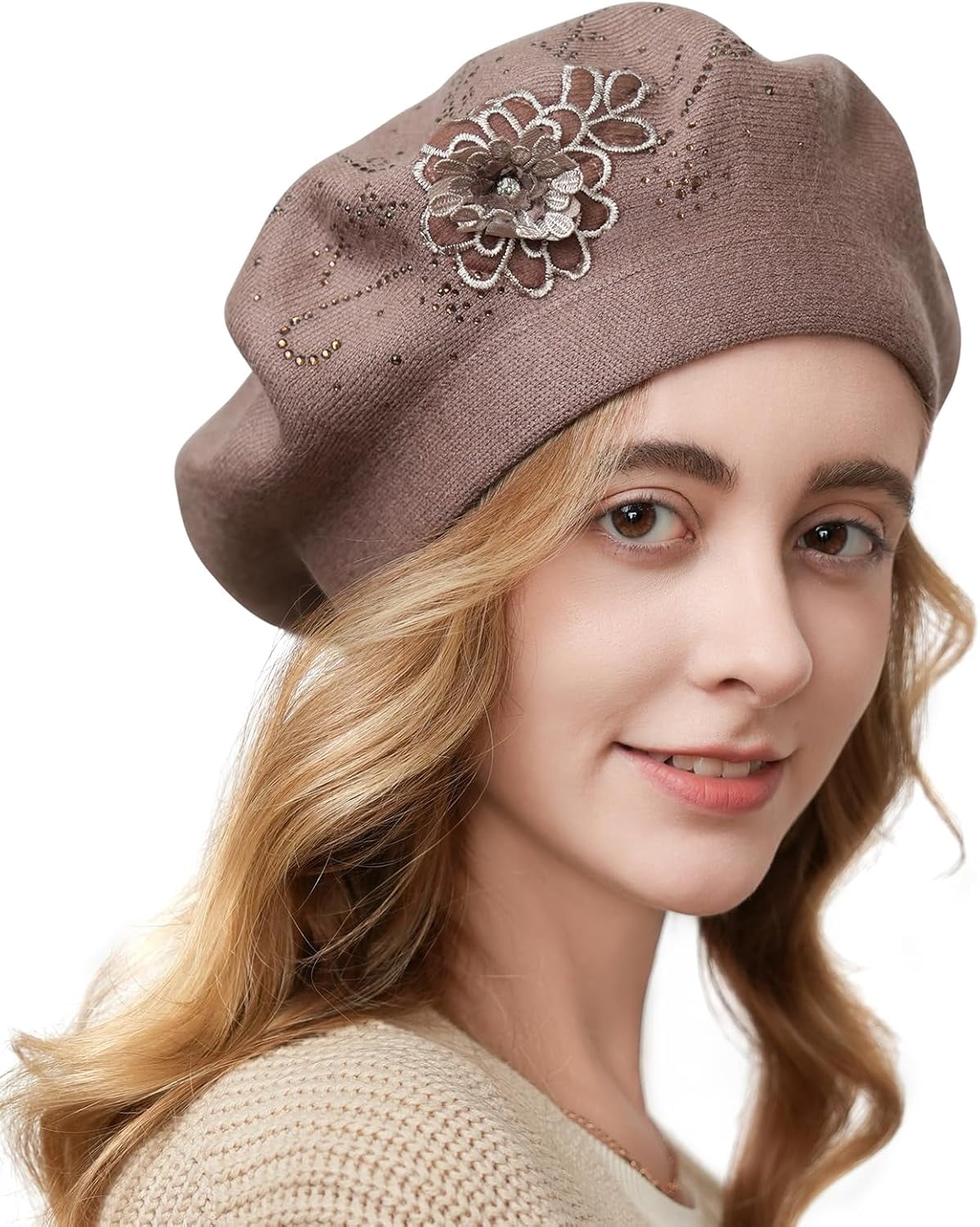 Flower Embroidery Beret Hat for Women, French Style Knitted 