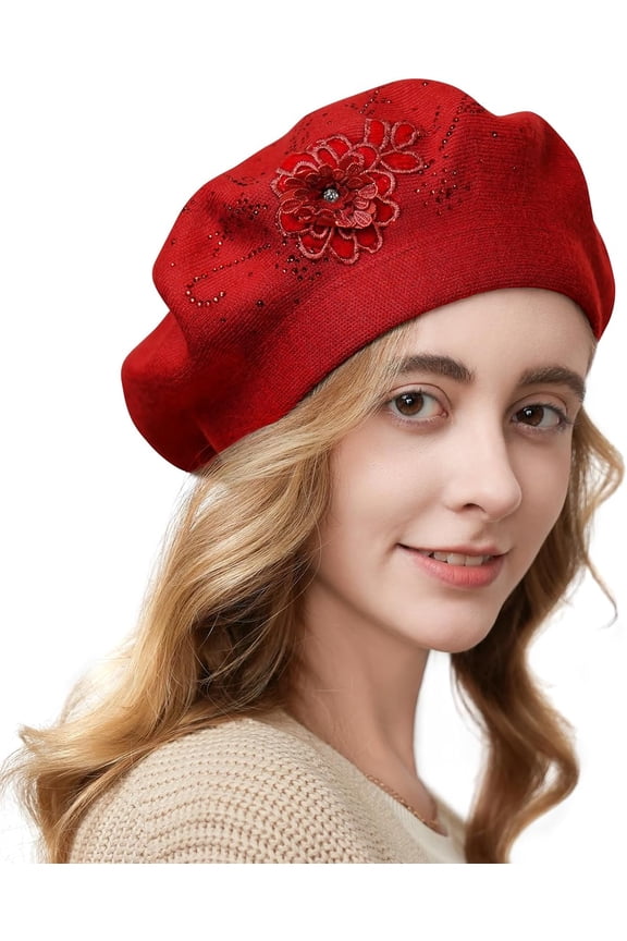Flower Embroidery Beret Hat for Women, French Style Knitted Beret Hats, Stylish Solid Color Beret Cap for Women Lady