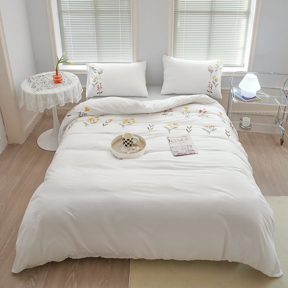 Flower Embroidery Graphic Duvet Covers Sets Soft Elegant Duvet Bedding Set White Queen Size
