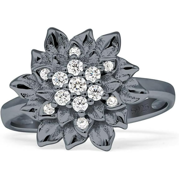 Flower Engagement Ring Cocktail Cubic Zirconia Black Tone 925 Sterling Silver, Size 6