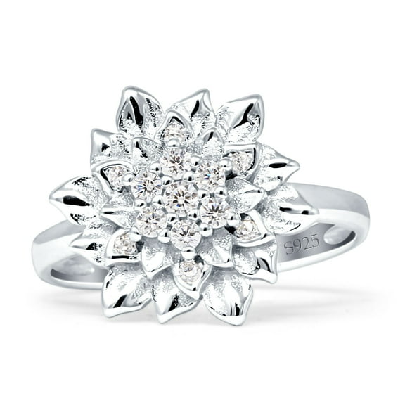 Flower Engagement Ring Cocktail Cubic Zirconia White Tone 925 Sterling Silver, Size 5