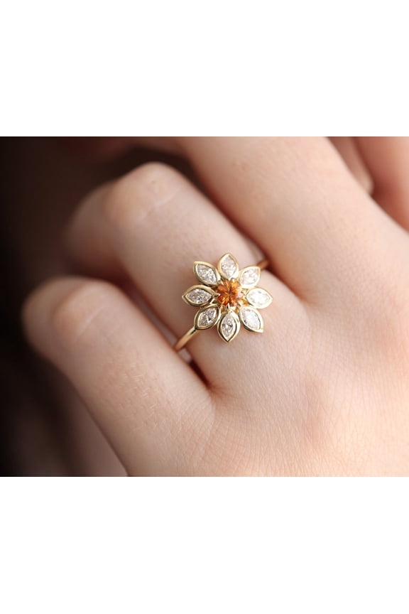 Flower Engagement Ring Orange Sapphire & Cubic Zircon 925 Sterling Silver Yellow Gold Plated Gift For Love