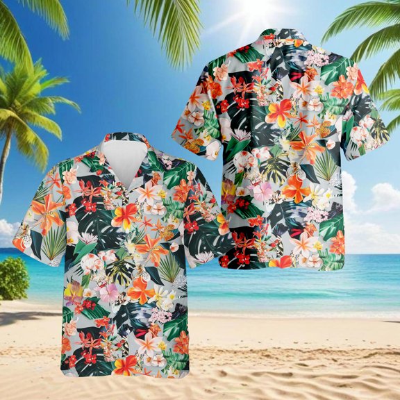 Flower Ephemera Hawaiian Shirt for Men, Button Down Summer Beach Short Sleeve, Tropical Style, S-5XL