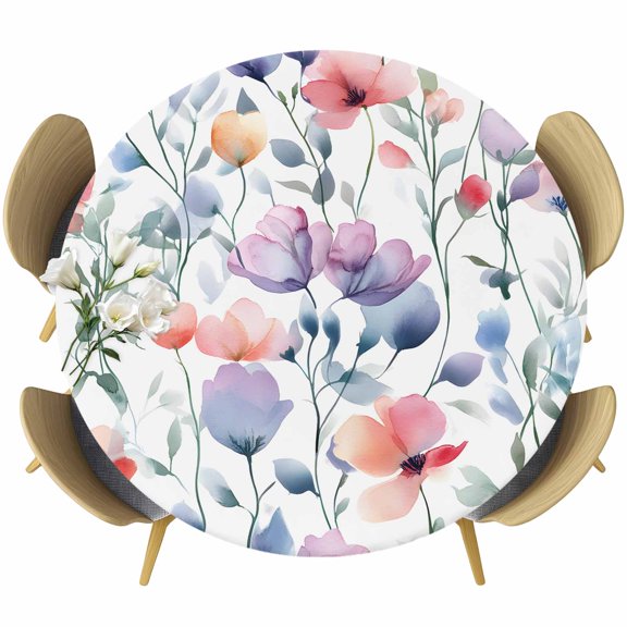 Flower Eucalyptus Round Tablecloth 36-44 Inch Round Fitted Table Cloth with Elastic Edge, Gradient Purple Green Farmhouse Leaf Waterproof Table Cover Protector for Outdoor Picnic Party Dining