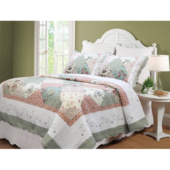 Flower Exposition 100% Hypoallergenic cotton Patchwork 3 piece Quilt Set Bedroom Quilt Bedding Full/Queen size Coral
