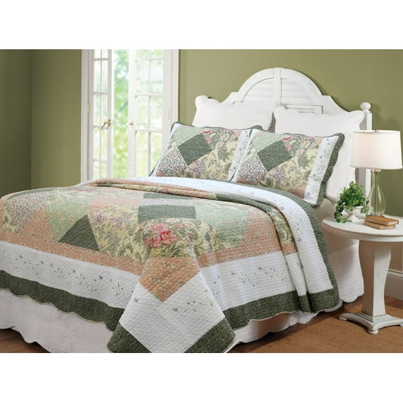Flower Exposition 100% Hypoallergenic cotton Patchwork 3 piece Quilt Set Bedroom Quilt Bedding King size Seaweed
