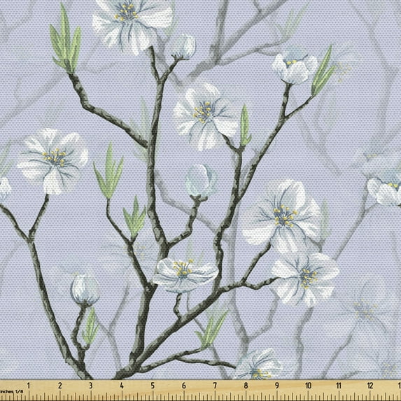 Flower Fabric by the Yard, Blossoms of the New Season Flowering Hopes Cherry Tree Illustration, Decorative Upholstery Fabric for Sofas and Home Accents, Pale Ceil Blue and White by Ambesonne