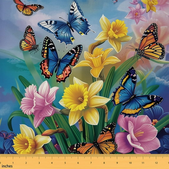 Flower Fabric By The Yard,Butterfly Upholstery Fabric,Oil Painting Butterfly Orchid Bouquet Plant Decorative Fabric,Graceful Grow Botanical Blooms Indoor Outdoor Fabric,2 Yards