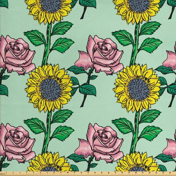 Flower Fabric by the Yard, Cartoonish Blossoming Sunflower and Roses Pattern, Decorative Upholstery Fabric for Sofas and Home Accents, Mint Green Multicolor by Ambesonne