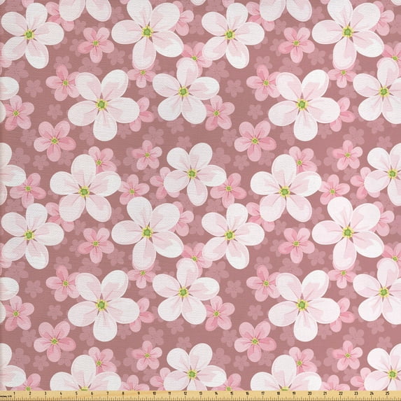 Ambesonne Cartoon Fabric by the Yard Upholstery, Cherry Blossoms Petal, 10 Yards, Dried Rose White Green