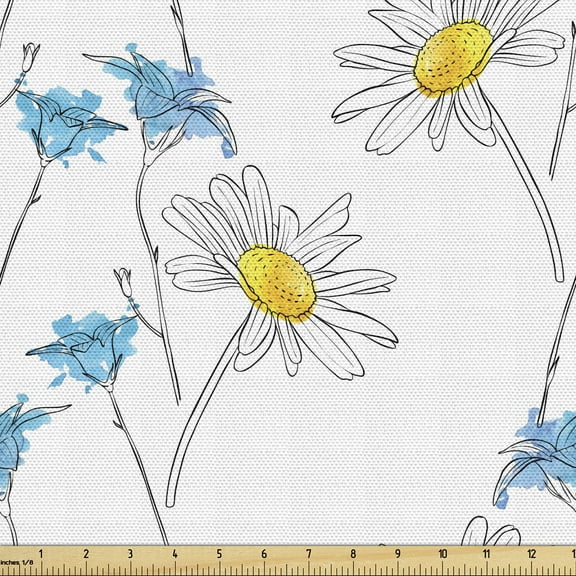 Ambesonne Flower Fabric by the Yard Upholstery, Daisy Blooms Paintbrush Art, 10 Yards, Azure Blue Yellow White