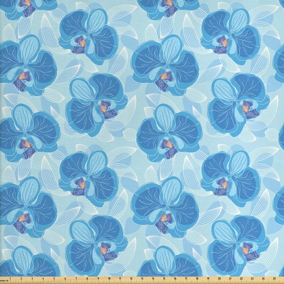 Ambesonne Flower Fabric by the Yard Upholstery, Soft Blue Orchid Blossoms, 3 Yards, Pale Blue Blue and White