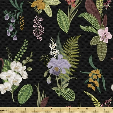Flower Fabric by the Yard Exotic Nature Composition Botanical Elements Fern Leaves Blossoms Pattern Decorative Upholstery Fabric for Sofas and Home Accents  by Ambesonne