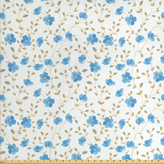 Ambesonne Nature Fabric by the Yard Upholstery, Field Flowers Swirls, 2 Yards, Blue Reseda Green