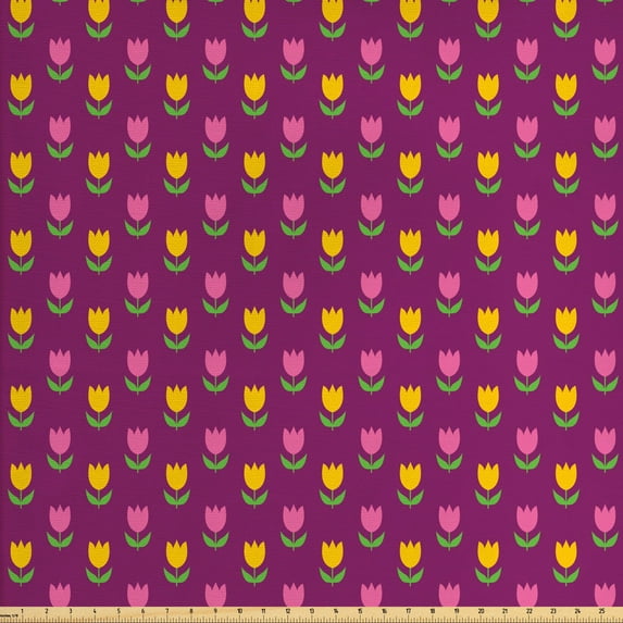 Flower Fabric by the Yard, Floral Pattern of Cartoonish Design Tulips, Decorative Upholstery Fabric for Sofas and Home Accents, Dark Magenta Pink by Ambesonne