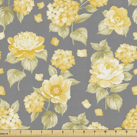 Ambesonne Vintage Fabric by the Yard Upholstery, Old Hydrangea Flowers, 1 Yard, Yellow Grey Green