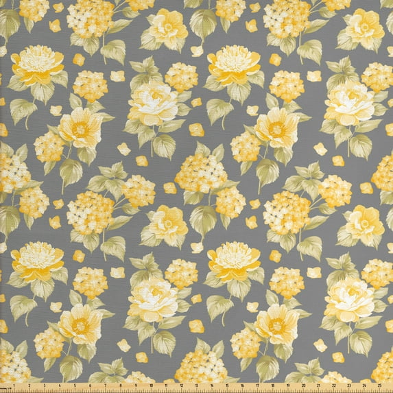Ambesonne Vintage Fabric by the Yard Upholstery, Old Hydrangea Flowers, 5 Yards, Yellow Grey Green
