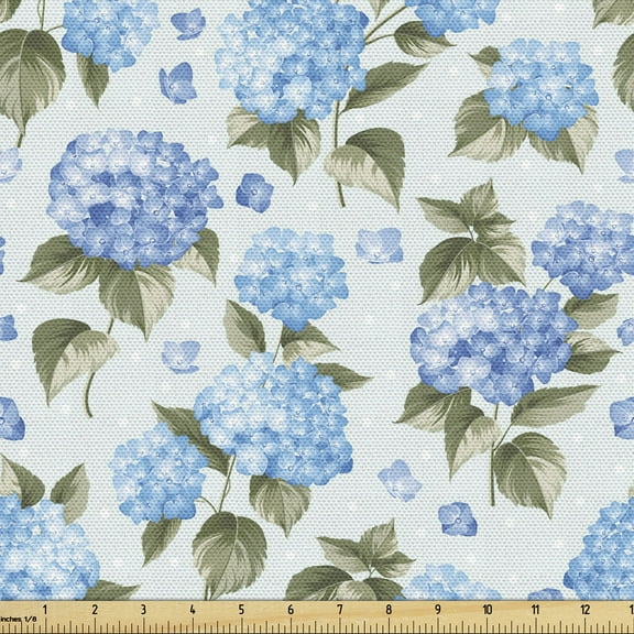 Ambesonne Bridal Fabric by the Yard Upholstery, Hydrangea Flowers Swirls, 5 Yards, Pale Blue Reseda Green