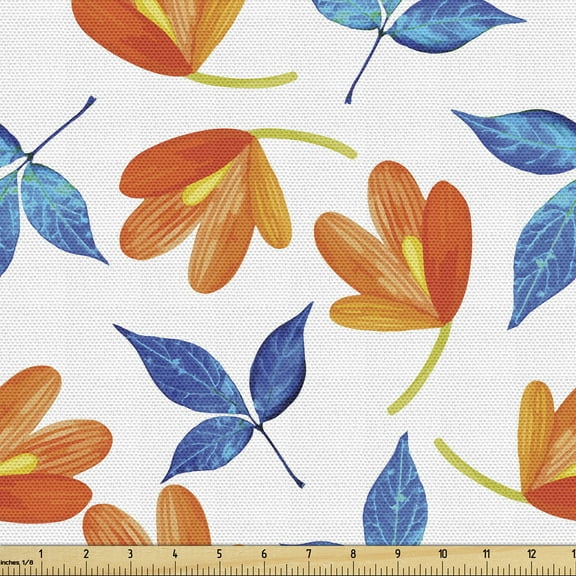Ambesonne Flower Fabric by the Yard Upholstery, Blooming Petal and Leaf, 5 Yards, Pale Orange Cobalt Blue