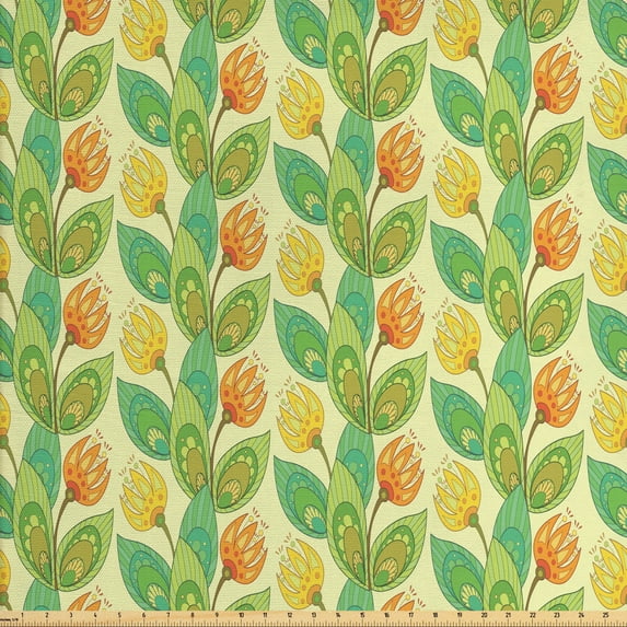 Ambesonne Flower Fabric by the Yard Upholstery, Hand Drawn Branches, 2 Yards, Multicolor