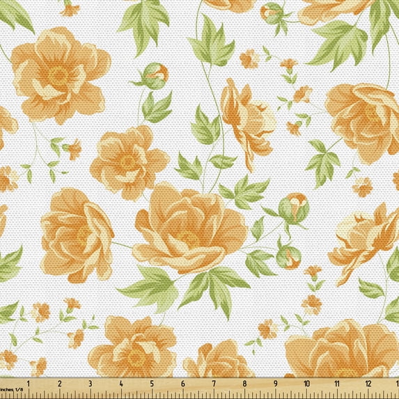 Flower Fabric by the Yard, Peony Bouquets Romantic Holiday Season Classic Old Days Floral Art, Decorative Upholstery Fabric for Chairs & Home Accents, Pale Orange Green White by Ambesonne