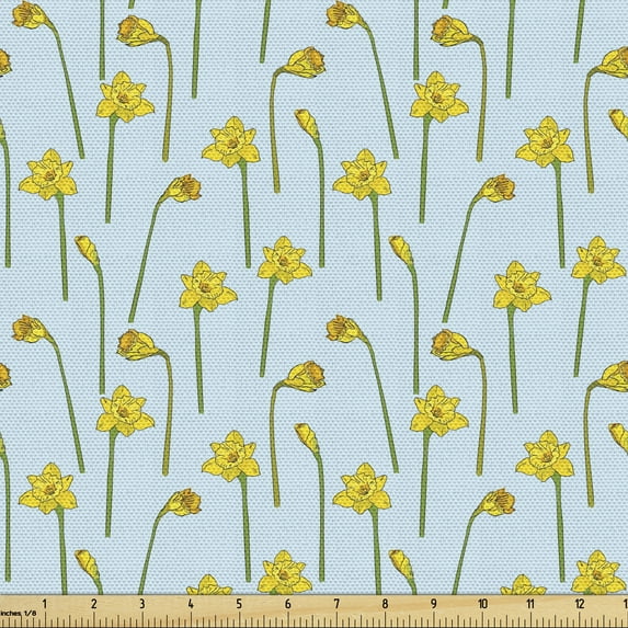 Ambesonne Flower Fabric by the Yard Upholstery, Cartoonish Daffodils, 1 Yard, Pale Blue Mustard