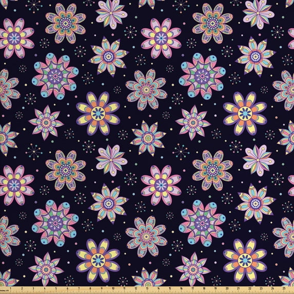 Ambesonne Flower Fabric by the Yard Upholstery, Retro Blowballs Dots, 2 Yards, Multicolor