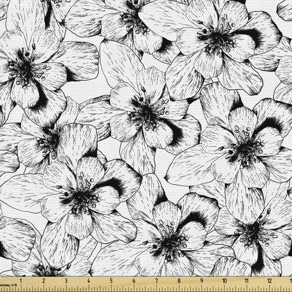 Flower Fabric by the Yard, Sketchy Drawn Continuous Pattern of Hibiscuses in Monochrome Design, Decorative Upholstery Fabric for Chairs & Home Accents, Charcoal Grey and White by Ambesonne
