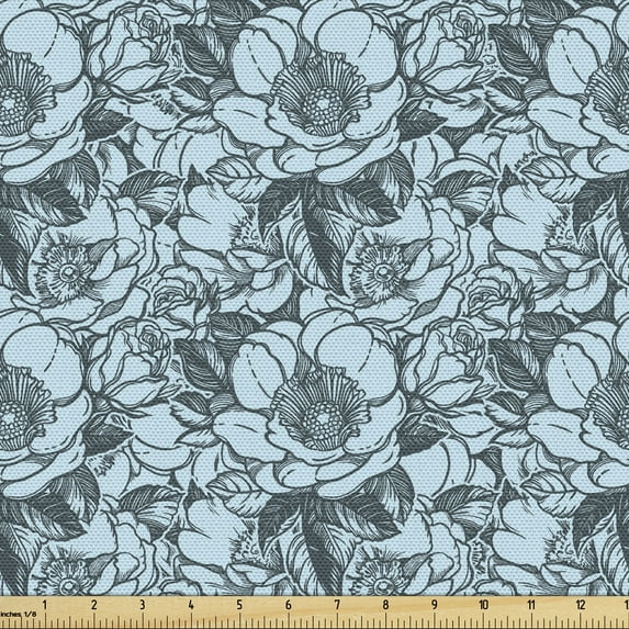 Flower Fabric by the Yard, Spring Themed Monochromatic Floral Pattern with Peony and Roses, Decorative Upholstery Fabric for Sofas and Home Accents, Pale Blue Grey by Ambesonne