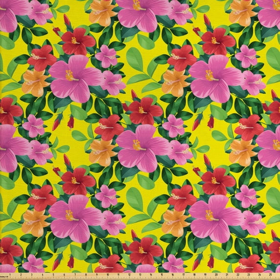 Ambesonne Flower Fabric by the Yard Upholstery, Green Tone Foliage on Yellow, 3 Yards, Multicolor